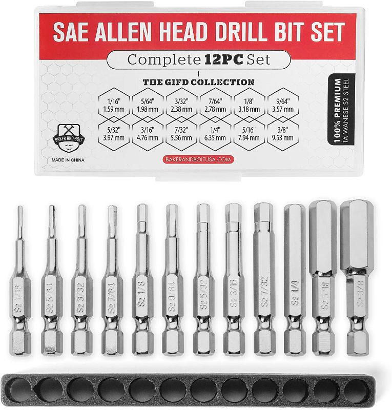 Photo 1 of Allen Wrench Drill Bit Set (Premium 12pc Complete SAE Set) w/Storage Case and Bit Holder - 1/4in Hex Shank Magnetic Bit Set The GIFD Collection - Fortified S2 Steel Long 2in Heads for Drills.
