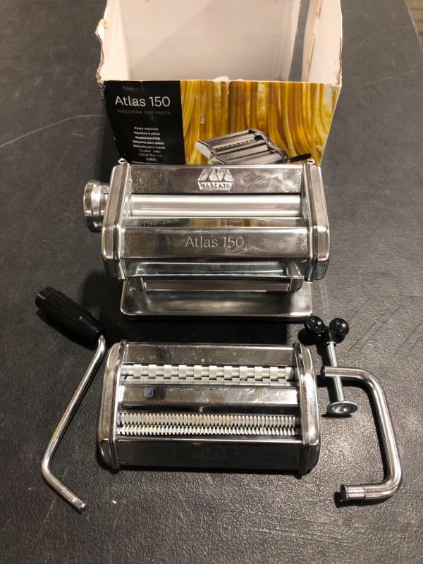 Photo 3 of MARCATO Atlas 150 Pasta Machine, Made in Italy, Includes Cutter, Hand Crank, and Instructions, 150 mm, Stainless Steel
OPEN BOX. PRIOR USE. 