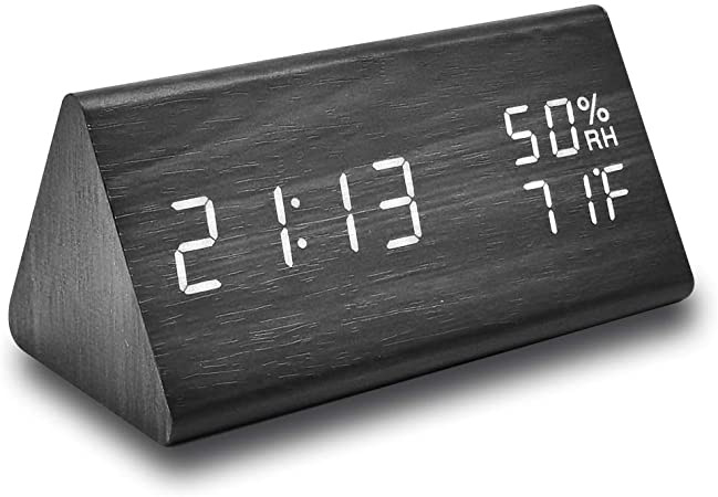 Photo 1 of Digital Alarm Clock, with Wooden Electronic LED Time Display, 3 Alarm Settings, Humidity & Temperature Detect, Voice Control Function for Bedroom, Bedside, Desk (Black)
MISSING BOX, PRIOR USE.