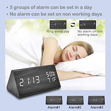 Photo 2 of Digital Alarm Clock, with Wooden Electronic LED Time Display, 3 Alarm Settings, Humidity & Temperature Detect, Voice Control Function for Bedroom, Bedside, Desk (Black)
MISSING BOX, PRIOR USE.