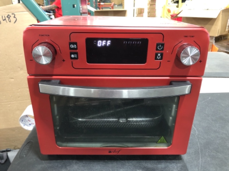 Photo 2 of Deco Chef 24 QT Red Stainless Steel Countertop 1700 Watt Toaster Oven with Built-in Air Fryer and Included Rotisserie Assembly, Grill Rack, Frying Basket, and Baking Pan
USED CONDITION. DENTED. STAINS FROM COOKING. 