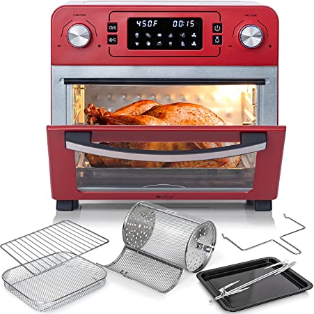 Photo 1 of Deco Chef 24 QT Red Stainless Steel Countertop 1700 Watt Toaster Oven with Built-in Air Fryer and Included Rotisserie Assembly, Grill Rack, Frying Basket, and Baking Pan
USED CONDITION. DENTED. STAINS FROM COOKING. 