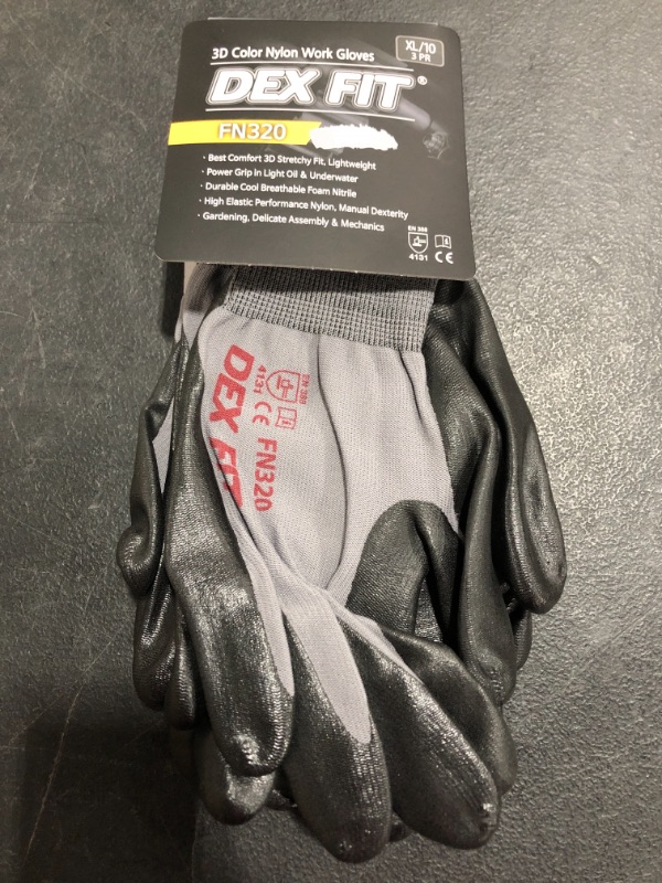 Photo 2 of DEX FIT Nitrile Work Gloves FN320, 3D Comfort Stretch Fit, Power Grip, Durable Foam Coated, Thin & Lightweight Premium Nylon, Machine Washable, Grey 10 (XL) 3 Pairs
