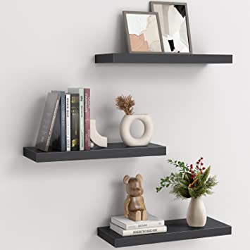 Photo 2 of AMADA HOMEFURNISHING Wall Shelves Black, Floating Shelves with Invisible Metal Brackets for Bedroom, Bathroom, Living Room and Kitchen, 3 Sets-AMFS07
