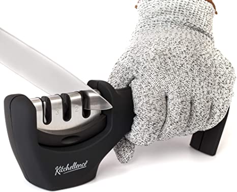 Photo 1 of 4-in-1 Kitchen Knife Accessories: 3-Stage Knife Sharpener Helps Repair, Restore, Polish Blades and Cut-Resistant Glove (Black)
