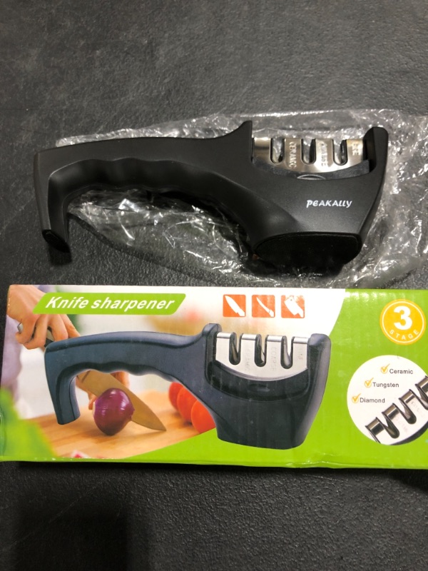 Photo 2 of 4-in-1 Kitchen Knife Accessories: 3-Stage Knife Sharpener Helps Repair, Restore, Polish Blades and Cut-Resistant Glove (Black)
