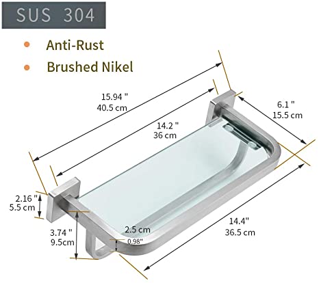 Photo 2 of BESy Bathroom Lavatory Glass Shelf with Towel Bar and Rail, Wall Mount with Screws Towel Rack,Heavy Duty SUS304 Stainless Steel Storage Shelves, Square Base, Brushed Nickel Finish
