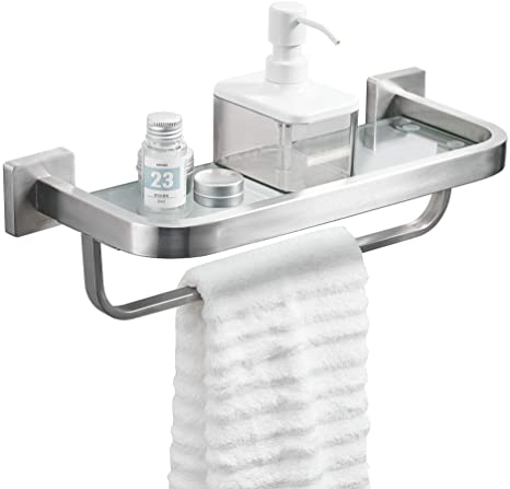 Photo 1 of BESy Bathroom Lavatory Glass Shelf with Towel Bar and Rail, Wall Mount with Screws Towel Rack,Heavy Duty SUS304 Stainless Steel Storage Shelves, Square Base, Brushed Nickel Finish
