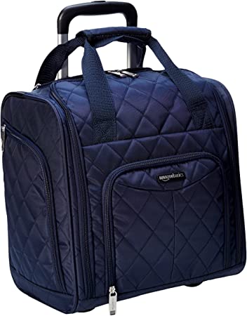 Photo 1 of Amazon Basics Underseat Carry-On Rolling Travel Luggage Bag, 14 Inches, Navy Blue Quilted. OPEN BOX.
