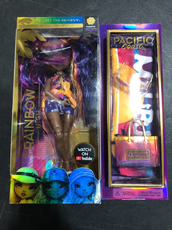 Photo 3 of Rainbow High Pacific Coast Phaedra Westward- Sunset (Purple) Fashion Doll with 2 Designer Outfits, Pool Accessories Playset, Interchangeable Legs
