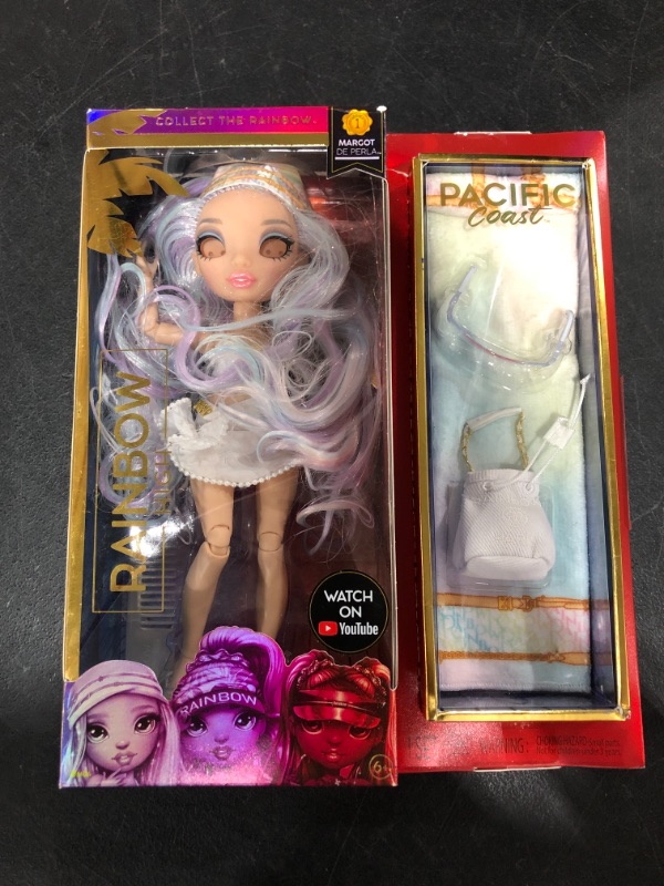 Photo 3 of Rainbow High Pacific Coast Margot De Perla- Opal (Iridescent White) Fashion Doll with 2 Designer Outfits, Pool Accessories Playset, Interchangeable Legs, Toys for Kids, Great Gift for Ages 6-12+. OPEN BOX. MISSING EYES. PRIOR USE.
