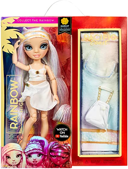 Photo 1 of Rainbow High Pacific Coast Margot De Perla- Opal (Iridescent White) Fashion Doll with 2 Designer Outfits, Pool Accessories Playset, Interchangeable Legs, Toys for Kids, Great Gift for Ages 6-12+. OPEN BOX. MISSING EYES. PRIOR USE.
