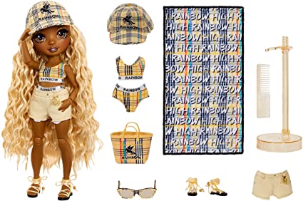 Photo 2 of Rainbow High Pacific Coast Harper Dune- Sand (Light Yellow) Fashion Doll with 2 Designer Outfits, Pool Accessories Playset, Interchangeable Legs, Toys for Kids, Great Gift for Ages 6-12+ Years. OPEN BOX. 
