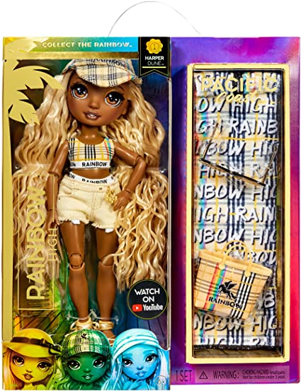 Photo 1 of Rainbow High Pacific Coast Harper Dune- Sand (Light Yellow) Fashion Doll with 2 Designer Outfits, Pool Accessories Playset, Interchangeable Legs, Toys for Kids, Great Gift for Ages 6-12+ Years. OPEN BOX. 
