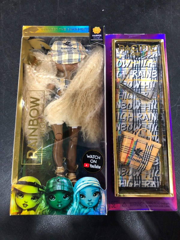 Photo 3 of Rainbow High Pacific Coast Harper Dune- Sand (Light Yellow) Fashion Doll with 2 Designer Outfits, Pool Accessories Playset, Interchangeable Legs, Toys for Kids, Great Gift for Ages 6-12+ Years. OPEN BOX. 
