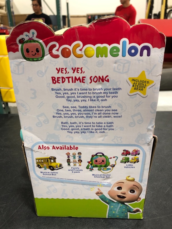 Photo 5 of CoComelon Official Musical Bedtime JJ Doll, Soft Plush Body – Press Tummy and JJ sings clips from ‘Yes, Yes, Bedtime Song,’ – Includes Feature Plush and Small Pillow Plush Teddy Bear – Toys for Babies. SMALL SCUFFS ON FACE. 
