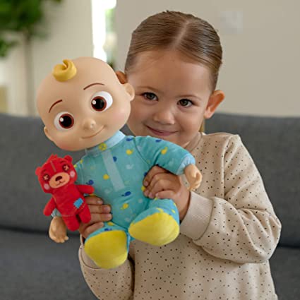 Photo 2 of CoComelon Official Musical Bedtime JJ Doll, Soft Plush Body – Press Tummy and JJ sings clips from ‘Yes, Yes, Bedtime Song,’ – Includes Feature Plush and Small Pillow Plush Teddy Bear – Toys for Babies. SMALL SCUFFS ON FACE. 
