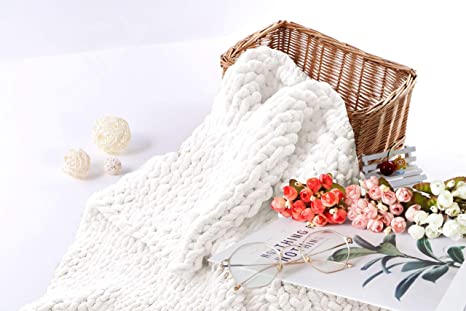 Photo 1 of Abound Chunky Knit Blanket Throw (50"x60", 5 lbs) - Chenille Yarn Knitted Blanket - Crochet Blanket - Cable Knit Throw Blanket - Couch, Bed, Weighted Chunky Blanket, Gift - Machine Washable (White)
