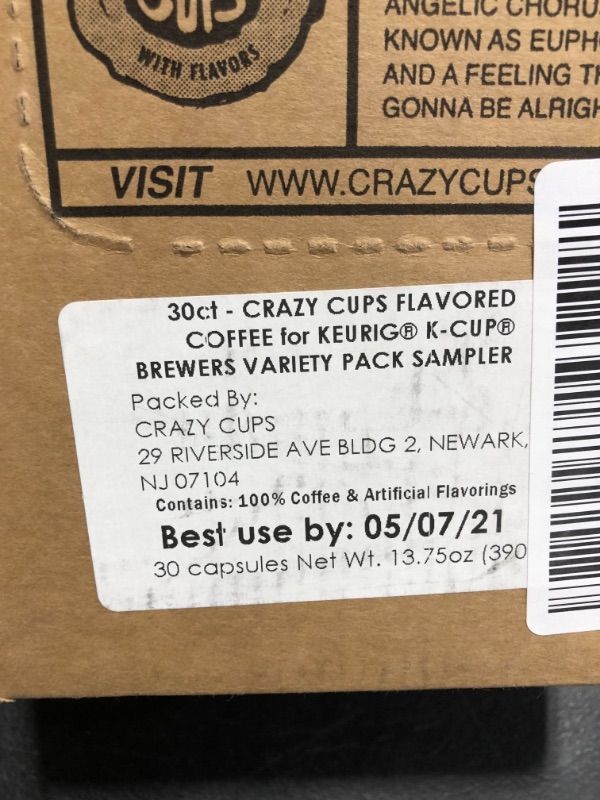 Photo 1 of Crazy Cups Flavored Coffee Pods Variety Pack - Coffee Flavors and Chocolate Coffee Flavors for The Keurig k Cups Machine, Recyclable Single Serve Cups, 30 Count. BREWER'S VARIETY PACK. BB 05/2021.
PHOTO FOR REFERENCE. 