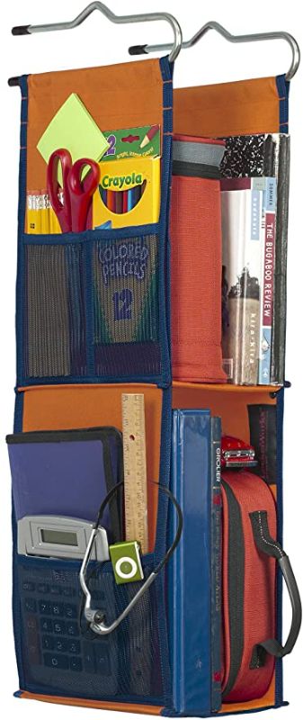 Photo 1 of LockerWorks 2 Shelf Hanging Locker Organizer, Sturdy & Compact, 23-25" Tall x 6" Wide x 9" Deep, Shelves 12"-14" Tall, Hangs from Shelf, Hooks or Rod to Create Storage Space. Orange/Navy Blue Trim
