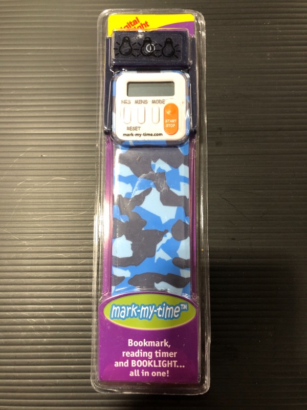 Photo 1 of Mark-My-Time Blue Camouflage LED Book Light with Digital Bookmark and Reading Timer

