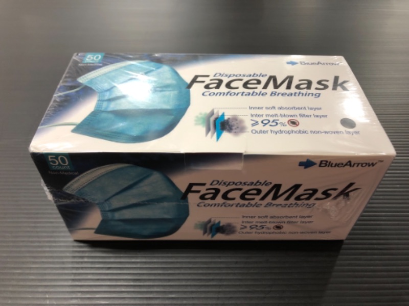 Photo 2 of BLUE ARROW DISPOSABLE FACE MASKS, 50 COUNT. 