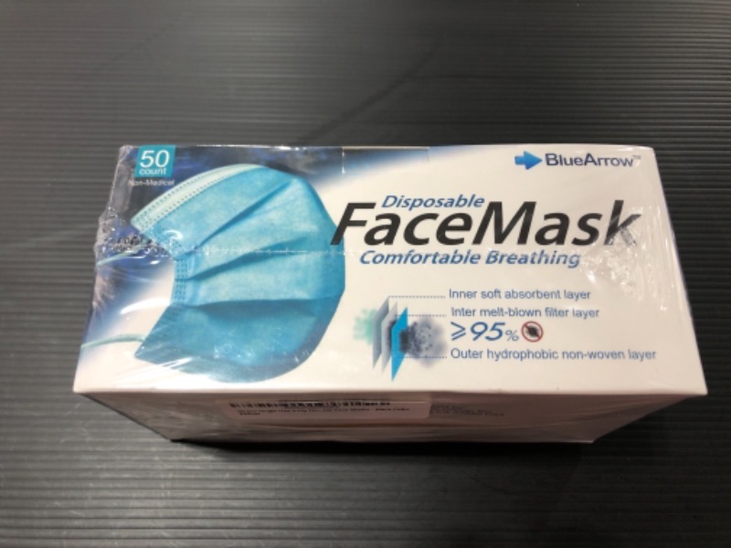 Photo 1 of BLUE ARROW DISPOSABLE FACE MASKS, 50 COUNT. 