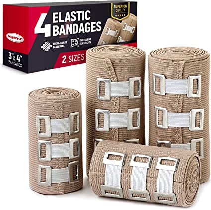 Photo 1 of Premium Elastic Bandage Wrap - 4 Pack + 12 Extra Clips - Durable Compression Bandage (2X - 3 inch, 2X - 4 inch Rolls) Stretches up to 15ft in Length
