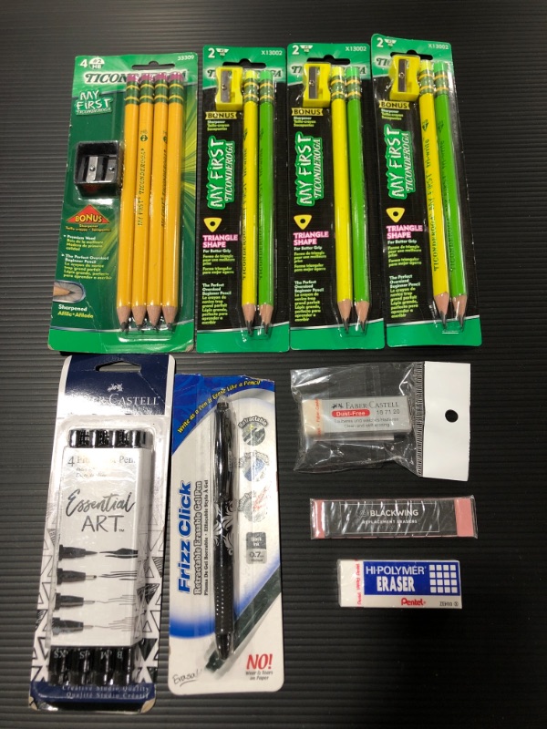 Photo 1 of VARIOUS OFFICE/SCHOOL SUPPLIES, LOT OF 9 ITEMS. PENCILS, PENS, ERASERS.