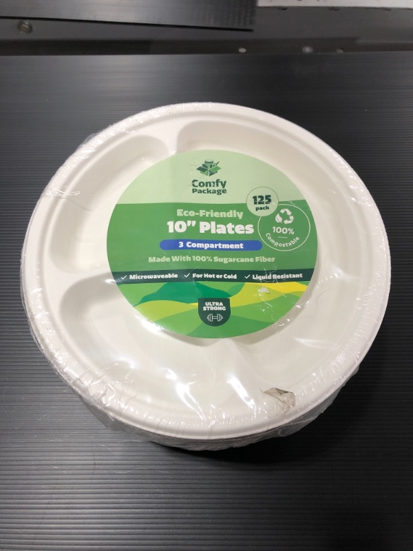 Photo 3 of 100% Compostable 10 Inch Heavy-Duty Plates [125 Pack] 3 Compartment Eco-Friendly Disposable Sugarcane Paper Plates
