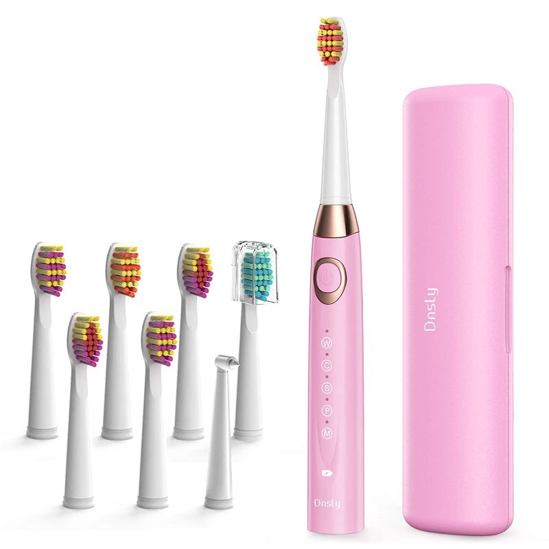 Photo 1 of Ultrasonic Toothbrush Dnsly with 5 Modes Sonic Cleaning,Whitening Sonic Toothbrushes with 2-Min Smart Timer, 8 Brush Heads,1 Pink Travel Case,Rechargeable Toothbrush 4 Hours Charge for 30 Days Use
