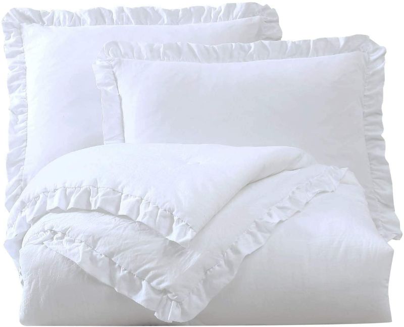 Photo 1 of 3-Piece Ruffled Edge Trim Soft Washed Microfiber Comforter Set King, White (Not exact as stock)