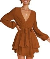 Photo 1 of NODPAN Women Casual Dress Deep V-Neck Long Sleeve Tie Waist Ruffle Swing Dresses Wrap Dress Shift Dress
