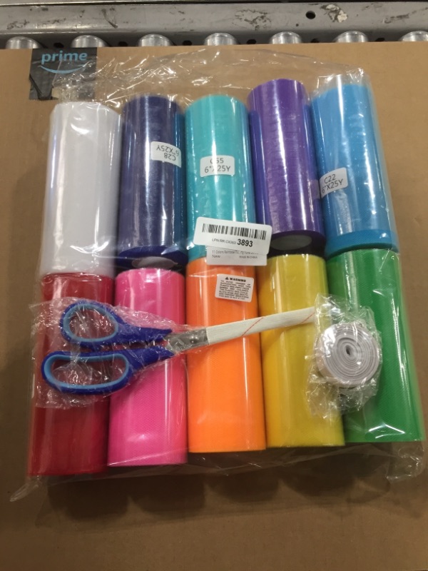 Photo 1 of 10 Colors Rainbow Tulle Rolls Tulle Netting Rolls Tulle Fabric Spool Ribbon 6" by 25 Yards/Spool and Sewing Scissor Measuring Tape Knit Elastic Spool for Table Skirt Rainbow Party Tulle Skirt