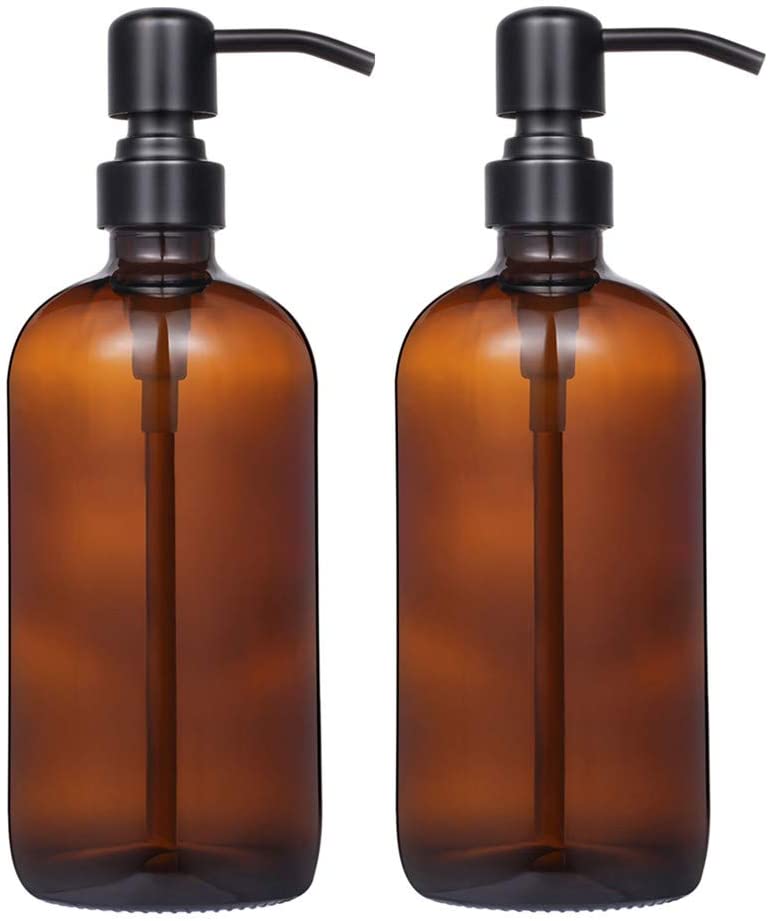 Photo 1 of 2 Pack Thick Amber Glass Pint Jar Soap Dispenser with Matte Black Stainless Steel Pump, 16ounce Boston Round Bottles Dispenser with Rustproof Pump for Essential Oil, Lotion Soap
