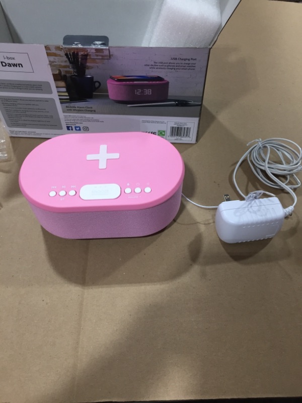 Photo 2 of Bedside Radio Alarm Clock with USB Charger, Bluetooth Speaker, QI Wireless Charging, Dual Alarm & Dimmable LED Display (Pink)
