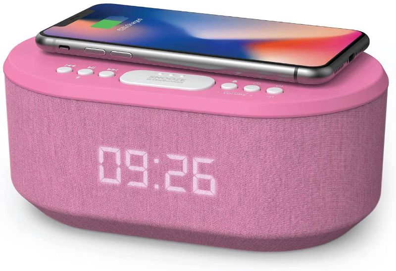 Photo 1 of Bedside Radio Alarm Clock with USB Charger, Bluetooth Speaker, QI Wireless Charging, Dual Alarm & Dimmable LED Display (Pink)
