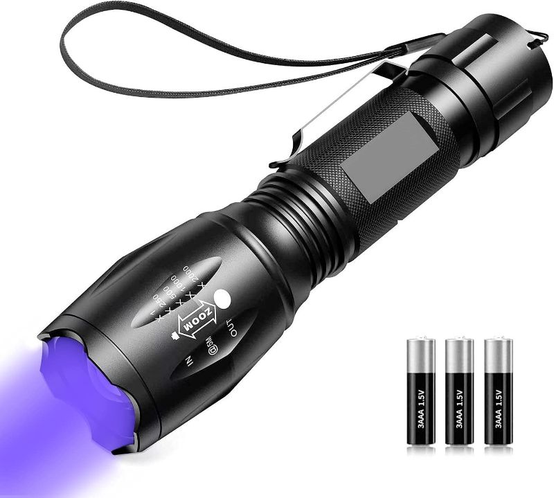 Photo 1 of Black Light UV Flashlight, LED UV Torch 2 in 1 UV Blacklight with 500LM Highlight, 4 Mode, Waterproof for Pet Clothing Food Fungus Detection/Night Fishing/Travel
