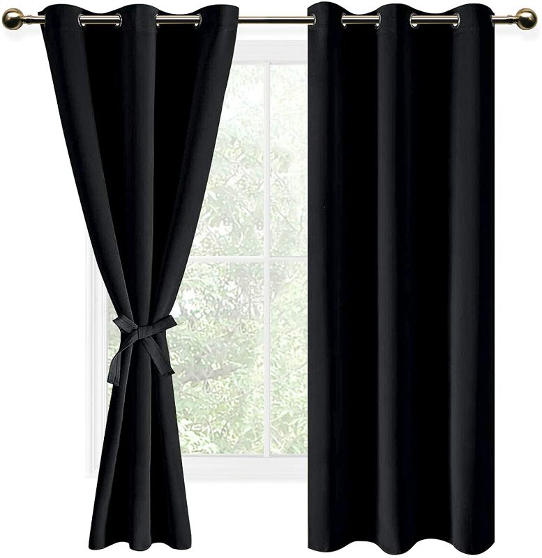 Photo 1 of Black Blackout Curtains for Bedroom Sewn with Tiebacks - Thermal Insulated Light Blocking Grommet Window Curtains for Living Room, 42 x 63 inch Length, Set of 2 Drape Panels
