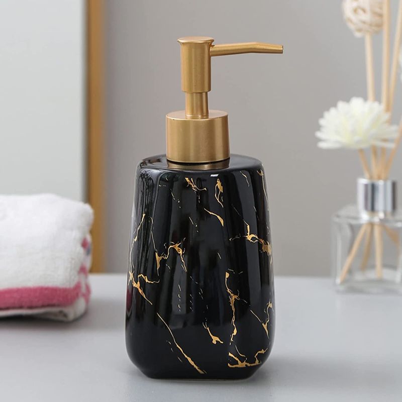 Photo 1 of Dish Soap Dispenser for Kitchen Sink Hand Soap Dispenser Ceramic with Gold Pump Soap Dispenser for Shower, 9.8 oz. (Black)
