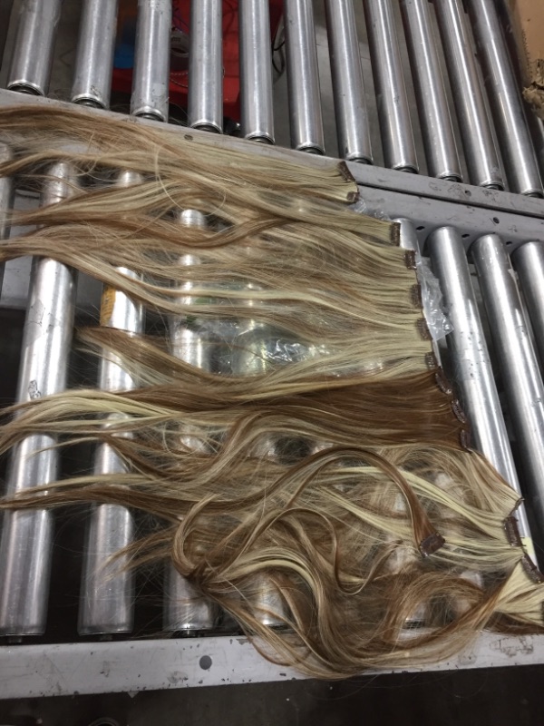 Photo 1 of Clip in Hair Extensions Brown with Blonde Highlighted Human Hair Clip in Real Extensions 7 Pieces 70G Remy Clip in Hair Extensions Silky Straight Double Weft Clip ons for Women
