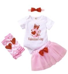 Photo 1 of My First Valentine's Day Baby Girl Outfit Clothes Red Hearts Romper Bodysuit Tutu Skirt Headband Leg Warmers 4PCS Dress Set (Pink 90) (Not exact as stock)