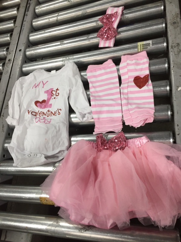 Photo 2 of My First Valentine's Day Baby Girl Outfit Clothes Red Hearts Romper Bodysuit Tutu Skirt Headband Leg Warmers 4PCS Dress Set (Pink 90) (Not exact as stock)