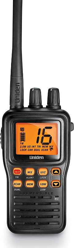 Photo 1 of Uniden MHS75 Waterproof Handheld 2-Way VHF Marine radio, Submersible, Selectable 1/2.5/5 Watt Transmit Power. All USA/International and Canadian Marine Channels - Color Black
