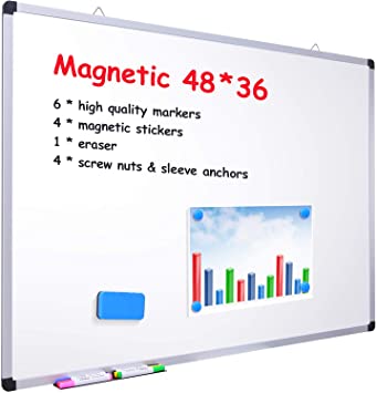 Photo 1 of 48" x 36" Dry Erase Board, Ohuhu Magnetic Large Whiteboard/White Board with 6 Color Dry Erase Markers, 4 x Magnetic Stickers, 1 x Eraser, 4 x Screw Nuts & Sleeve Anchors, Aluminum Frame, Silver
