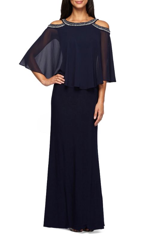 Photo 1 of Alex Evenings Women's Dress Navy Blue Size 16 Cold-Shoulder Gown
