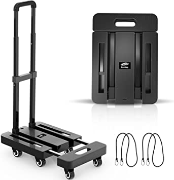 Photo 1 of  Folding Hand Truck, 6 Wheels Fold Up Hand Cart with 2 Elastic Ropes, Portable 500lbs Capacity Heavy Duty Luggage Cart, Utility Dolly Platform Cart for Car House Office Luggage Moving, Black