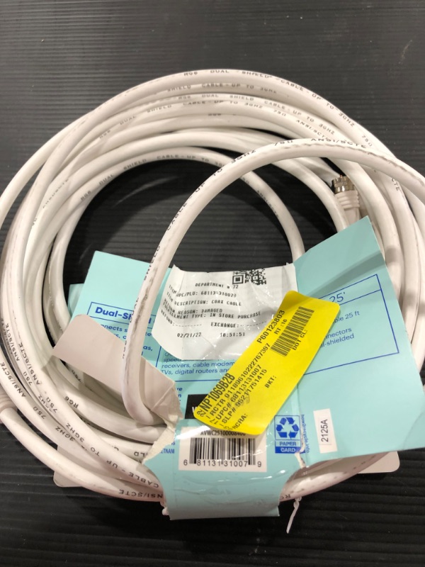 Photo 2 of Onn. 25 Ft Coax Cable, F-connectors, White,
