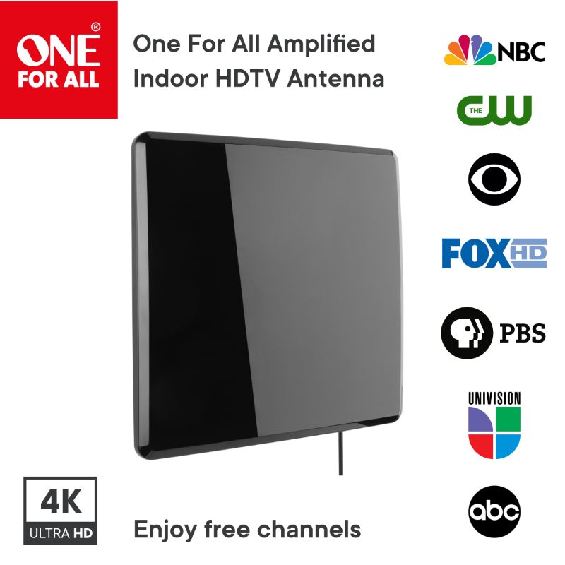 Photo 1 of One for All 14432 Hdtv Antenna Amplified Indoor Flat TV Antenna, 50 Mile Range -5 Feet Coaxial Cable - Black
