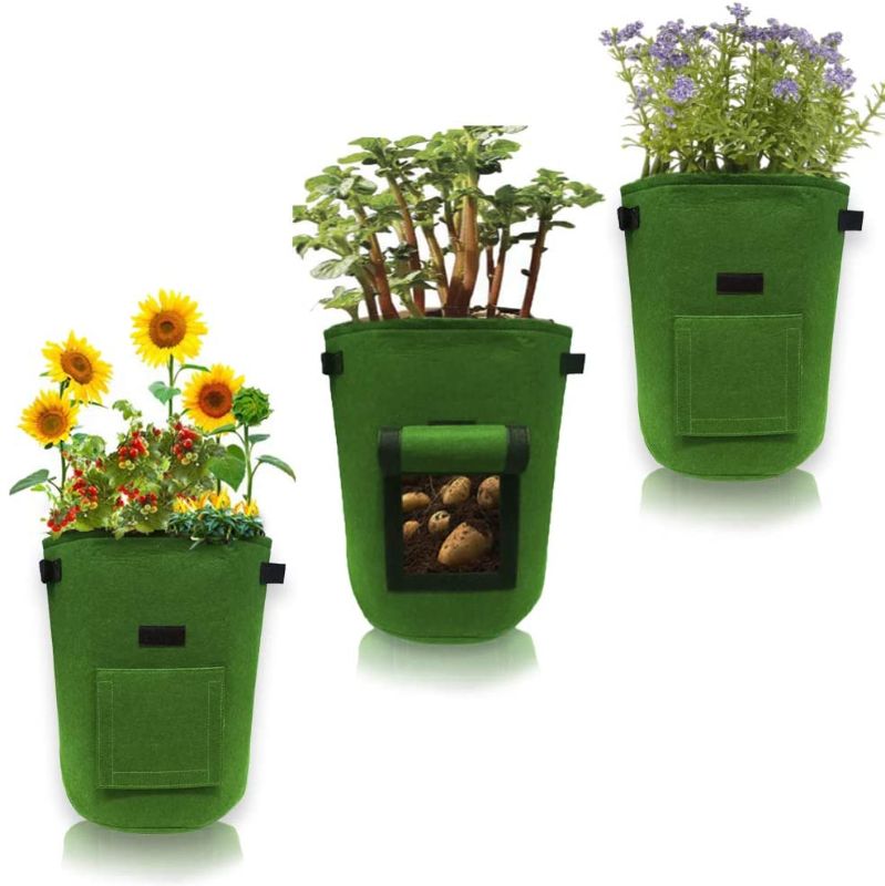 Photo 1 of AddsFlyRocks Grow Bags Premium Quality - Natural Green planters Bags with Handle and Flap for Harvesting Potatoes Tomato’s Smart Container of Non-Woven Fabric (10 Gallon) - Set of 3
